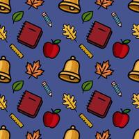 A vibrant seamless pattern featuring a playful mix of school supplies, autumn leaves, and a school bell, designed in a bold, outlined style against a deep blue background. vector