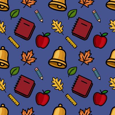 A vibrant seamless pattern featuring a playful mix of school supplies, autumn leaves, and a school bell, designed in a bold, outlined style against a deep blue background.