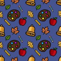 A cheerful seamless pattern featuring school supplies, autumn leaves, and apples, rendered in a bold, cartoonish style against a deep blue background, ideal for back-to-school or fall-themed... vector