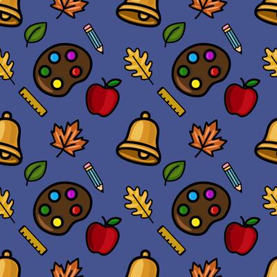A cheerful seamless pattern featuring school supplies, autumn leaves, and apples, rendered in a bold, cartoonish style against a deep blue background, ideal for back-to-school or fall-themed...