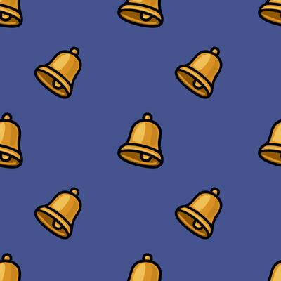 A seamless pattern featuring a repeating motif of golden bells on a deep blue background, creating a vibrant and playful design ideal for various applications.