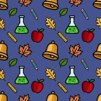 Delightful seamless pattern featuring a playful mix of school supplies, autumn leaves, and apples on a deep blue background, creating a cheerful back-to-school vibe. vector