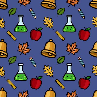Delightful seamless pattern featuring a playful mix of school supplies, autumn leaves, and apples on a deep blue background, creating a cheerful back-to-school vibe.