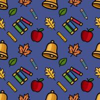 A cheerful seamless pattern featuring school supplies, autumn leaves, and apples, perfect for back-to-school designs and fall-themed projects. vector