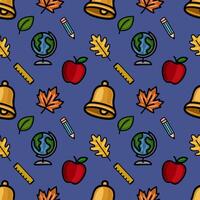 A vibrant seamless pattern featuring a playful mix of school supplies, autumn leaves, and a globe, creating a cheerful back-to-school design perfect for educational materials. vector