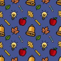 Vibrant seamless pattern featuring school supplies, autumn leaves, and apples on a deep blue background, ideal for educational designs and back-to-school projects. vector