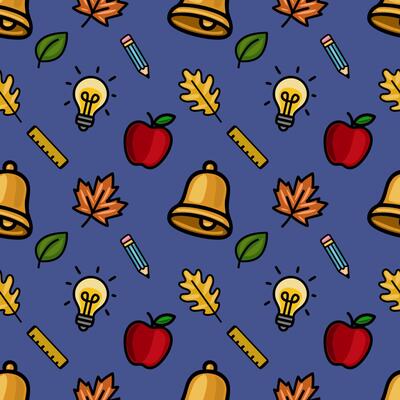 Vibrant seamless pattern featuring school supplies, autumn leaves, and apples on a deep blue background, ideal for educational designs and back-to-school projects.