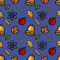A vibrant seamless pattern featuring a playful mix of school supplies, autumn leaves, and science symbols on a deep blue background, perfect for back-to-school designs. vector