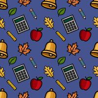 A vibrant seamless pattern featuring a playful mix of school supplies, autumn leaves, and a school bell, creating a cheerful back-to-school design. vector