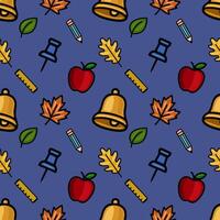 A vibrant seamless pattern featuring a playful mix of school supplies, autumn leaves, and apples on a deep blue background, perfect for back-to-school designs. vector
