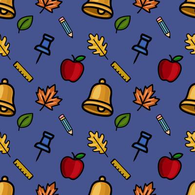 A vibrant seamless pattern featuring a playful mix of school supplies, autumn leaves, and apples on a deep blue background, perfect for back-to-school designs.