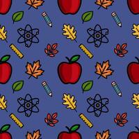 A vibrant seamless pattern featuring red apples, autumn leaves, pencils, rulers, and atom symbols on a deep blue background, ideal for back-to-school designs. vector