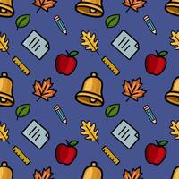 A cheerful seamless pattern featuring school supplies, autumn leaves, and apples on a deep blue background, ideal for back-to-school designs and fall-themed projects. vector