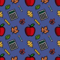 A vibrant seamless pattern featuring red apples, calculators, pencils, rulers, and autumn leaves on a deep blue background, ideal for back-to-school designs and fall-themed projects. vector