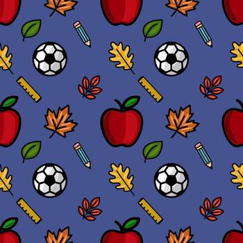 seamless pattern featuring a playful back-to-school design with red apples, soccer balls, autumn leaves, pencils, and rulers on a deep blue background, ideal for fall-themed projects. vector
