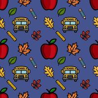 A vibrant seamless pattern featuring a playful back-to-school design with red apples, yellow school buses, autumn leaves, pencils, and rulers on a deep blue background, ideal for educational... vector