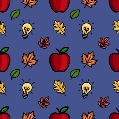 A vibrant seamless pattern featuring red apples, autumn leaves, pencils, light bulbs, and rulers on a deep blue background, ideal for back-to-school designs.