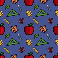Vibrant seamless pattern featuring red apples, autumn leaves, pencils, rulers, and set squares on a deep blue background, ideal for back-to-school designs. vector