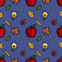 A vibrant seamless pattern featuring red apples, a world globe, pencils, rulers, and autumn leaves on a deep blue background, ideal for back-to-school designs. vector