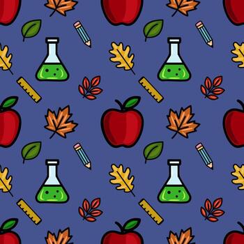 un vibrante sin costura modelo presentando rojo manzanas, otoño hojas, lápices, vasos de precipitados, y gobernantes, creando un juguetón De vuelta a la escuela diseño en un profundo azul antecedentes. vector