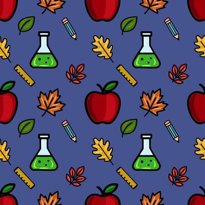 A vibrant seamless pattern featuring red apples, autumn leaves, pencils, beakers, and rulers, creating a playful back-to-school design on a deep blue background.