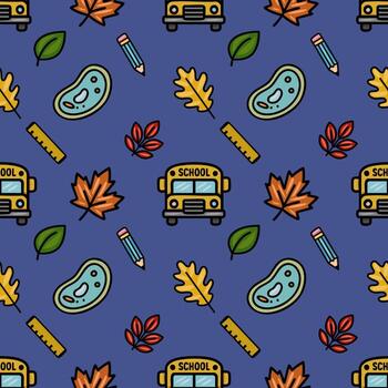 encantador sin costura modelo presentando un colegio autobús, otoño hojas, lápices, gobernantes, y célula diagramas, creando un vibrante De vuelta a la escuela diseño. vector