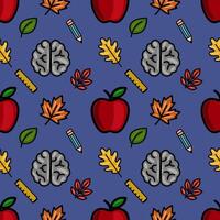 A vibrant seamless pattern featuring apples, brains, pencils, rulers, and autumn leaves on a deep blue background, ideal for educational or autumnal designs. vector