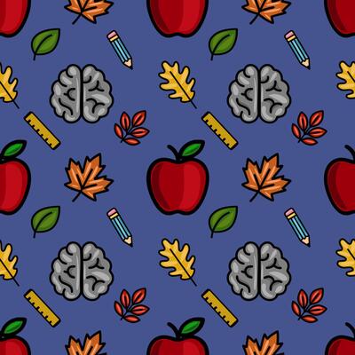 A vibrant seamless pattern featuring apples, brains, pencils, rulers, and autumn leaves on a deep blue background, ideal for educational or autumnal designs.