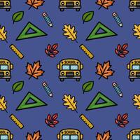 Delightful seamless pattern featuring a playful mix of school supplies, autumn leaves, and a cheerful yellow school bus, perfect for back-to-school designs. vector