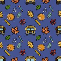 A charming seamless pattern featuring a school bus, autumn leaves, pencils, rulers, and petri dishes on a deep blue background, ideal for educational or back-to-school designs. vector