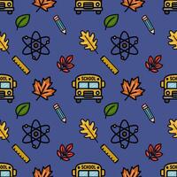 This seamless pattern features a cheerful back-to-school design with autumn leaves, school bus, pencil, ruler, and atom icons on a deep blue background, creating a vibrant and educational vector
