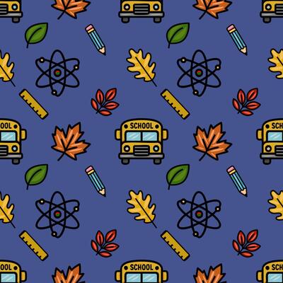 This seamless pattern features a cheerful back-to-school design with autumn leaves, school bus, pencil, ruler, and atom icons on a deep blue background, creating a vibrant and educational