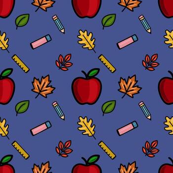 un vibrante sin costura modelo presentando rojo manzanas, otoño hojas, lápices, borradores, y gobernantes en un profundo azul fondo, creando un alegre De vuelta a la escuela diseño. vector