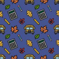 This vibrant seamless pattern features a playful mix of school supplies, including calculators, pencils, rulers, and autumn leaves, all set against a rich indigo backdrop, creating a cheerfull vector