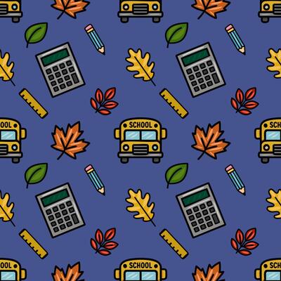 This vibrant seamless pattern features a playful mix of school supplies, including calculators, pencils, rulers, and autumn leaves, all set against a rich indigo backdrop, creating a cheerfull