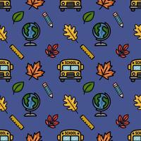 Delightful seamless pattern featuring a school bus, globe, pencils, rulers, and autumn leaves on a deep purple background, ideal for back-to-school designs. vector