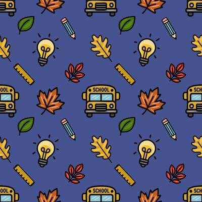 A vibrant seamless pattern featuring a playful mix of autumn leaves, school bus icons, pencils, light bulbs, and rulers, set against a deep blue background, ideal for back-to-school designs.