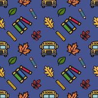 Vibrant seamless pattern featuring a playful back-to-school design with yellow school buses, colorful pencils, stacks of books, and autumn leaves on a deep blue background, ideal for children vector