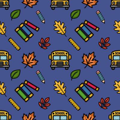Vibrant seamless pattern featuring a playful back-to-school design with yellow school buses, colorful pencils, stacks of books, and autumn leaves on a deep blue background, ideal for children