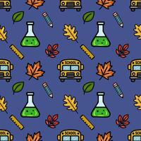 Delightful seamless pattern featuring a playful mix of school supplies, autumn leaves, and a cheerful school bus, perfect for back-to-school designs. vector