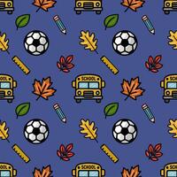 This vibrant seamless pattern features a playful mix of school-themed icons and autumn leaves, creating a cheerful back-to-school design perfect for various applications. vector