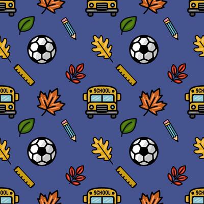 This vibrant seamless pattern features a playful mix of school-themed icons and autumn leaves, creating a cheerful back-to-school design perfect for various applications.