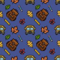 A charming seamless pattern featuring a school bus, backpacks, autumn leaves, pencils, and rulers, creating a playful back-to-school design on a deep blue background. vector