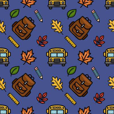 A charming seamless pattern featuring a school bus, backpacks, autumn leaves, pencils, and rulers, creating a playful back-to-school design on a deep blue background.