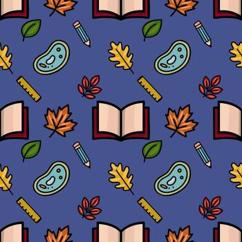 un encantador sin costura modelo presentando otoño hojas, abierto libros, lápices, gobernantes, y estilizado célula diagramas, creando un juguetón De vuelta a la escuela o otoñal diseño. vector