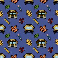 seamless pattern featuring a cheerful back-to-school design with yellow school buses, autumn leaves in warm tones, pencils, and rulers on a deep blue background. vector