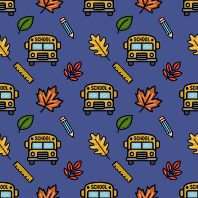 seamless pattern featuring a cheerful back-to-school design with yellow school buses, autumn leaves in warm tones, pencils, and rulers on a deep blue background.