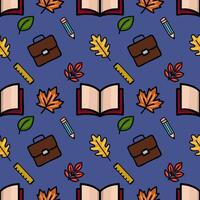 A charming seamless pattern featuring a playful mix of autumn leaves, school supplies, and books, creating a vibrant back-to-school design perfect for fall-themed projects. vector