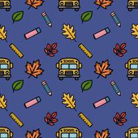 A cheerful seamless pattern featuring a school bus, autumn leaves, pencils, and rulers on a deep blue background, ideal for back-to-school designs and fall-themed projects. vector