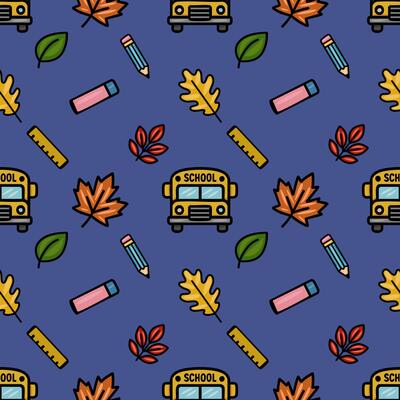 A cheerful seamless pattern featuring a school bus, autumn leaves, pencils, and rulers on a deep blue background, ideal for back-to-school designs and fall-themed projects.
